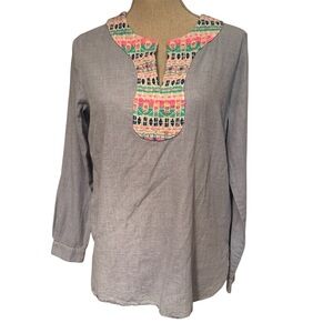 VILLAGALLO TOP TUNIC BLUE WHITE BOHO NECKLINE SIZE 42 M